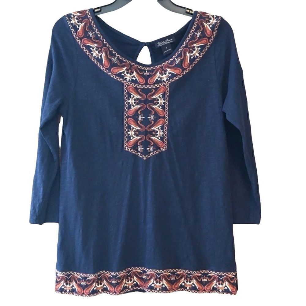 Lucky Brand Sz S Blue BOHO Embroidered Boatneck Neckline 3/4 Sleeves Casual Top